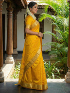 Monjolika Fashion Mustard Silk Blend Saree with Silver Zari Horse Motif | Grocsy