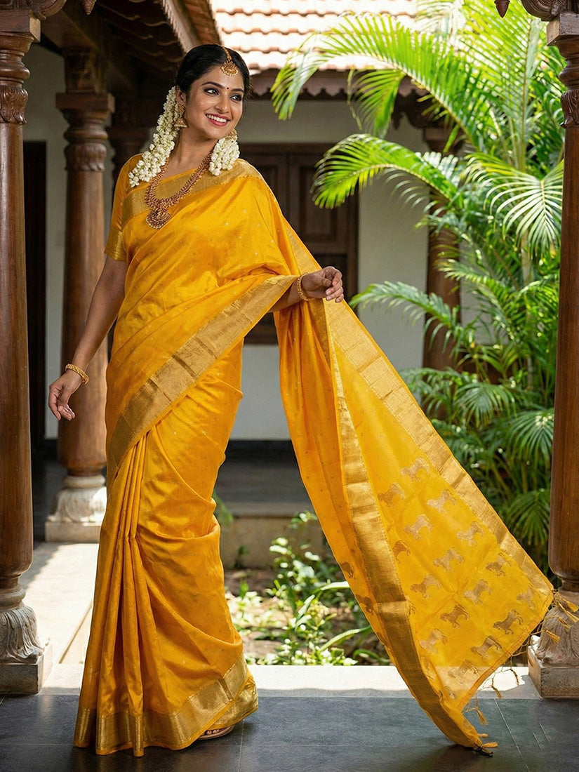 Monjolika Fashion Mustard Silk Blend Saree with Silver Zari Horse Motif | Grocsy