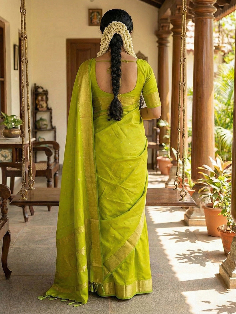 Monjolika Fashion Light Green Silk Blend Saree with Silver Zari Horse Motif | Grocsy
