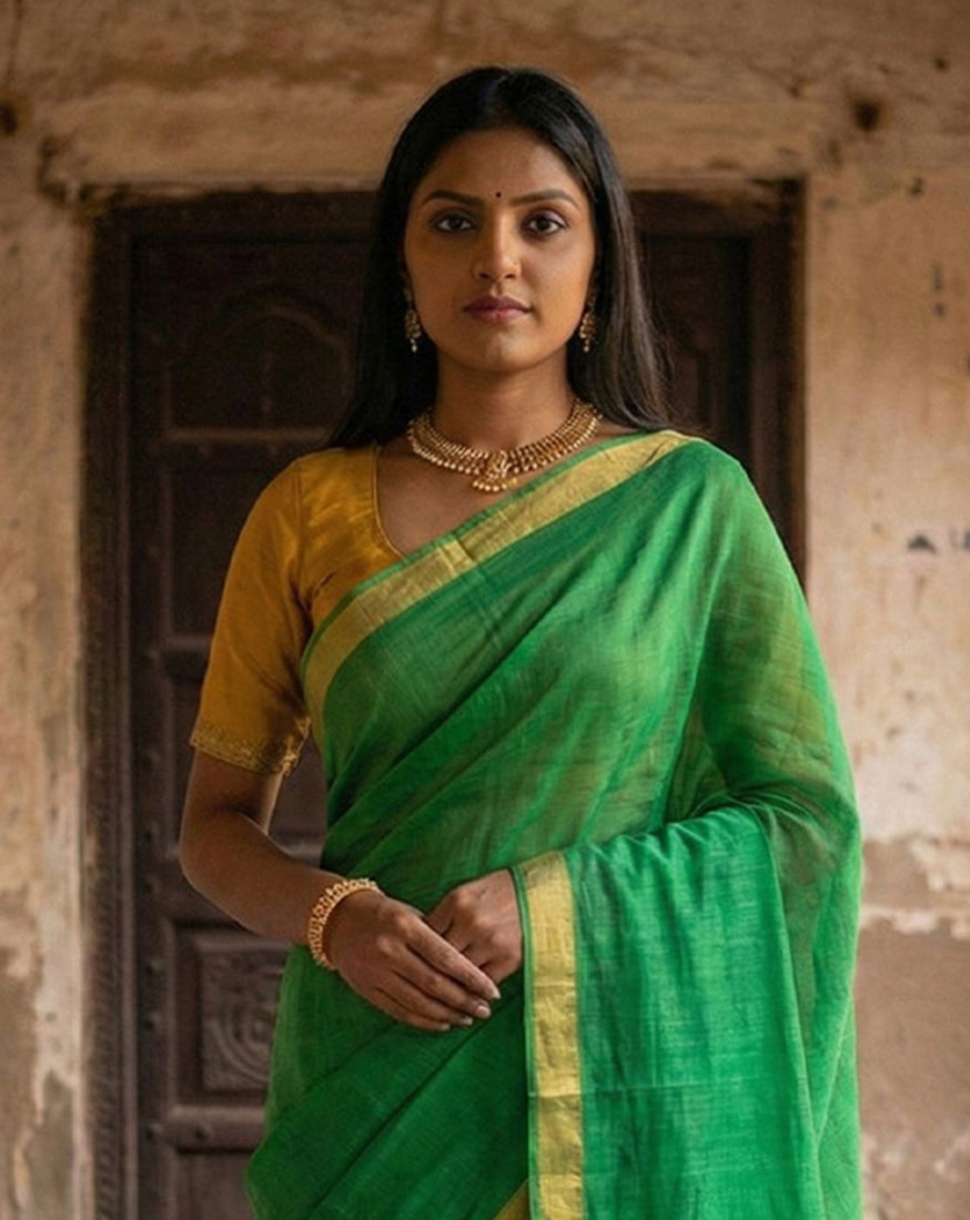 Monjolika Fashion Green Cotton Silk Blend Saree with Contrasting Border | Grocsy