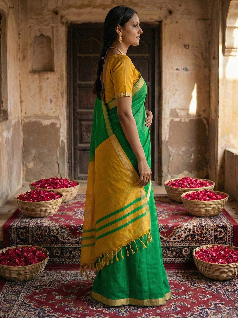 Monjolika Fashion Green Cotton Silk Blend Saree with Contrasting Border | Grocsy
