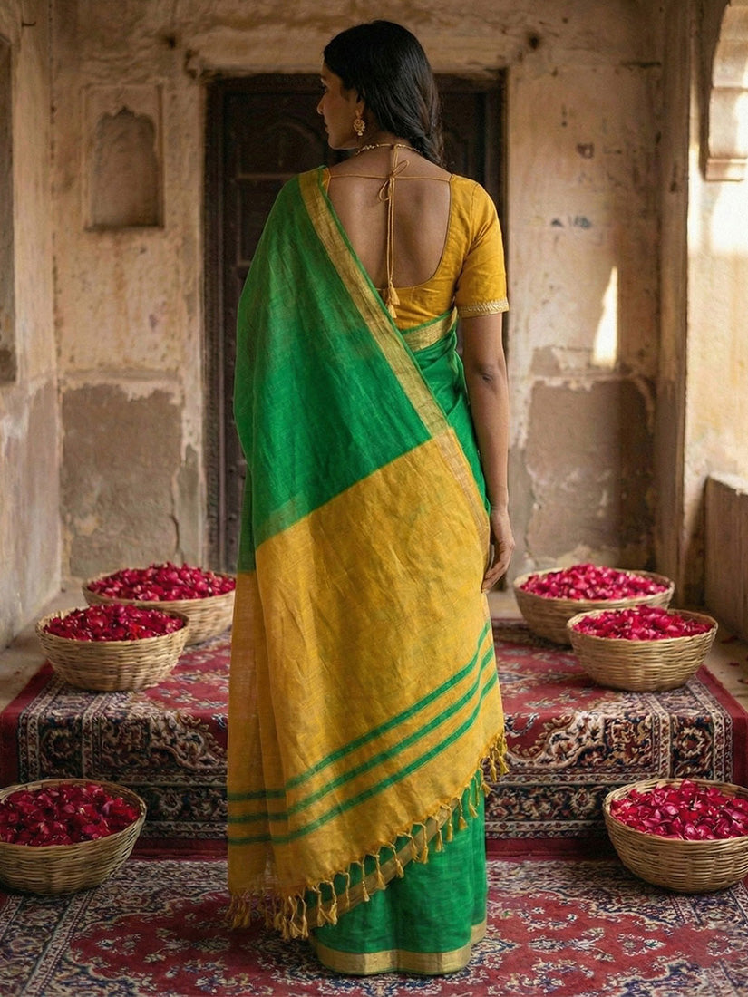 Monjolika Fashion Green Cotton Silk Blend Saree with Contrasting Border | Grocsy