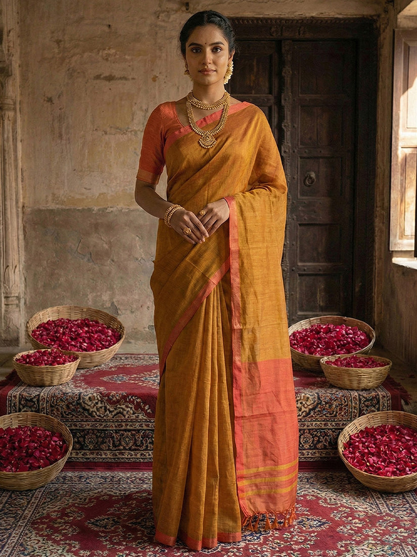 Monjolika Fashion Mustard Yellow Cotton Silk Blend Saree with Contrasting Border | Grocsy