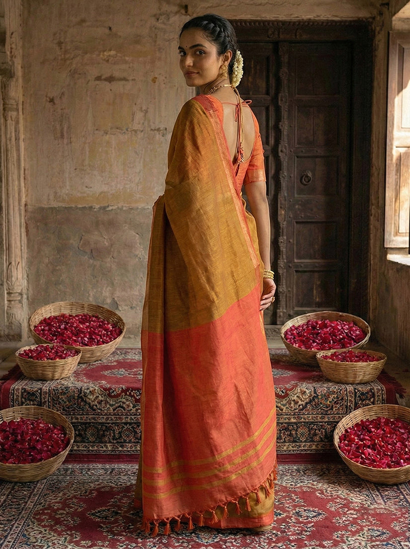 Monjolika Fashion Mustard Yellow Cotton Silk Blend Saree with Contrasting Border | Grocsy