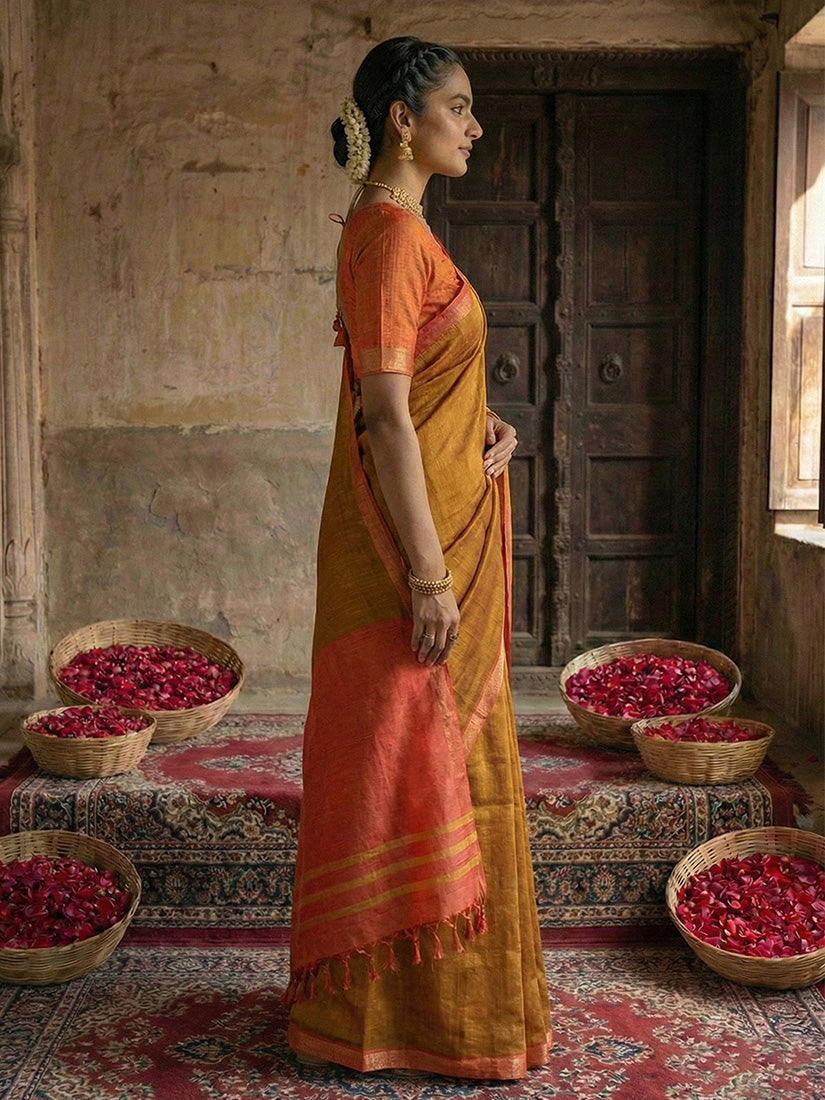 Monjolika Fashion Mustard Yellow Cotton Silk Blend Saree with Contrasting Border | Grocsy