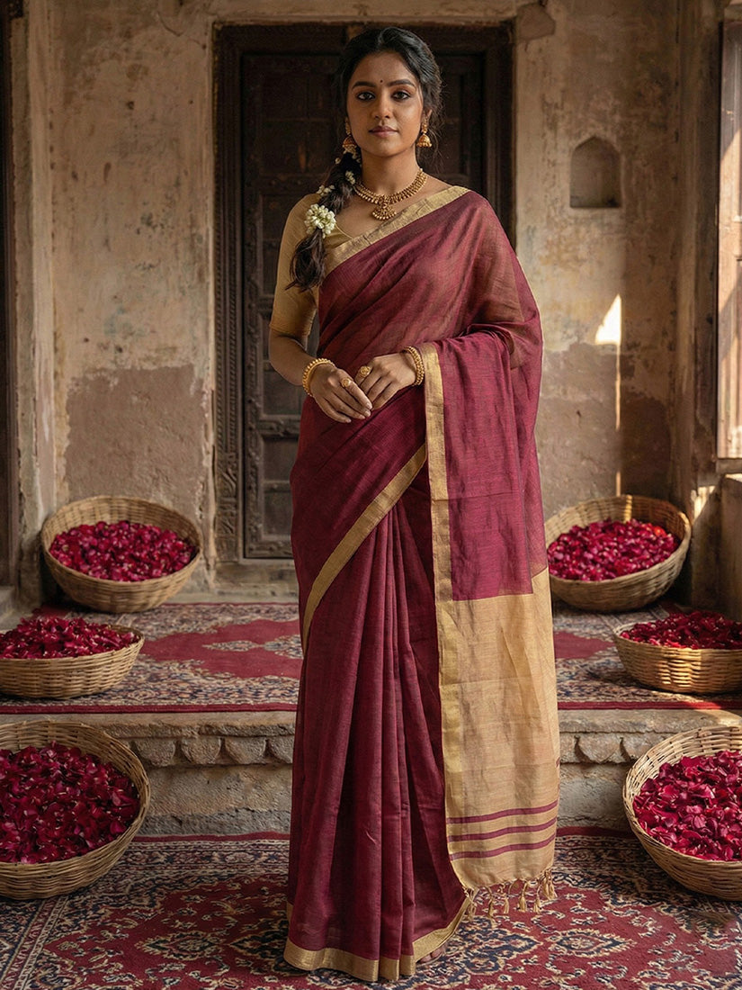 Monjolika Fashion Wine Cotton Silk Blend Saree with Contrasting Border | Grocsy