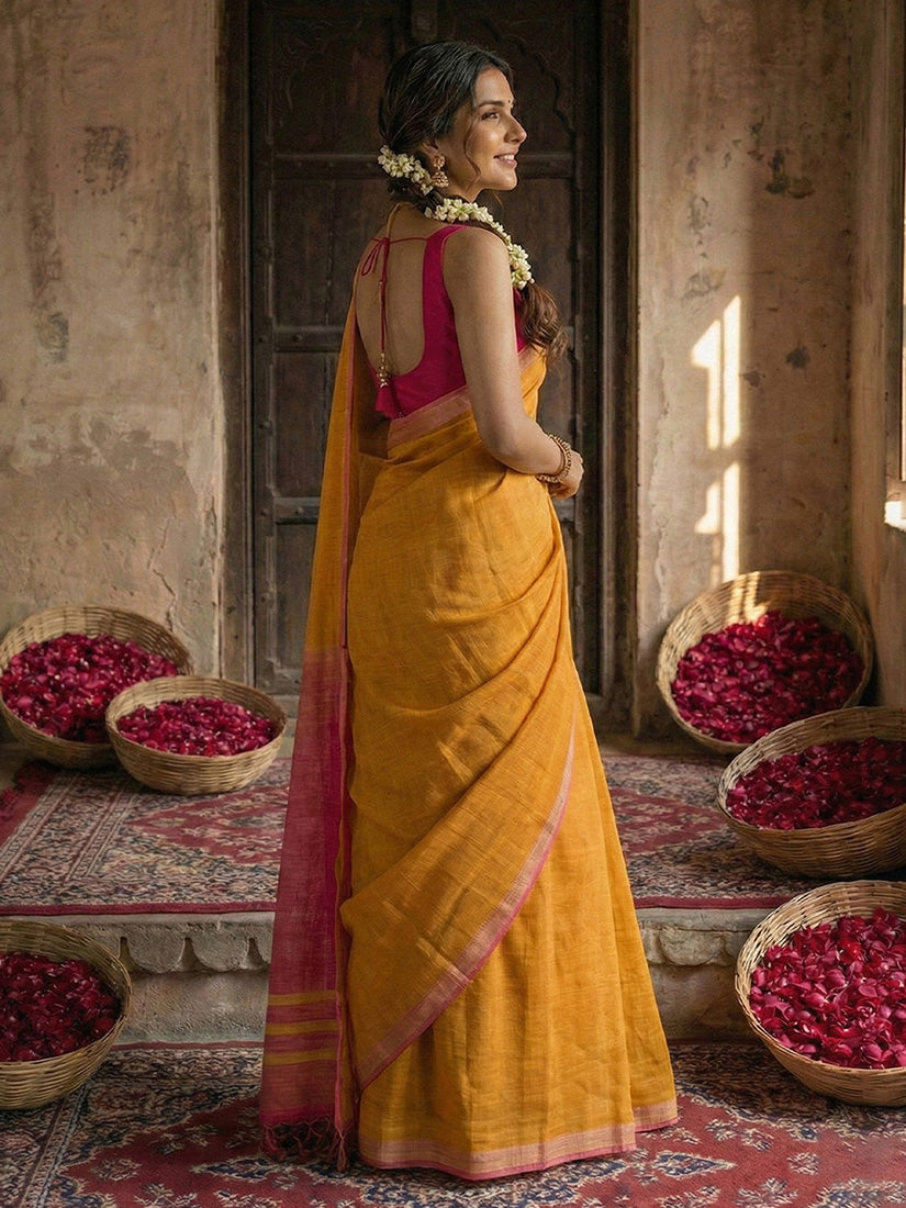 Monjolika Fashion Orange Cotton Silk Blend Saree with Contrasting Border | Grocsy