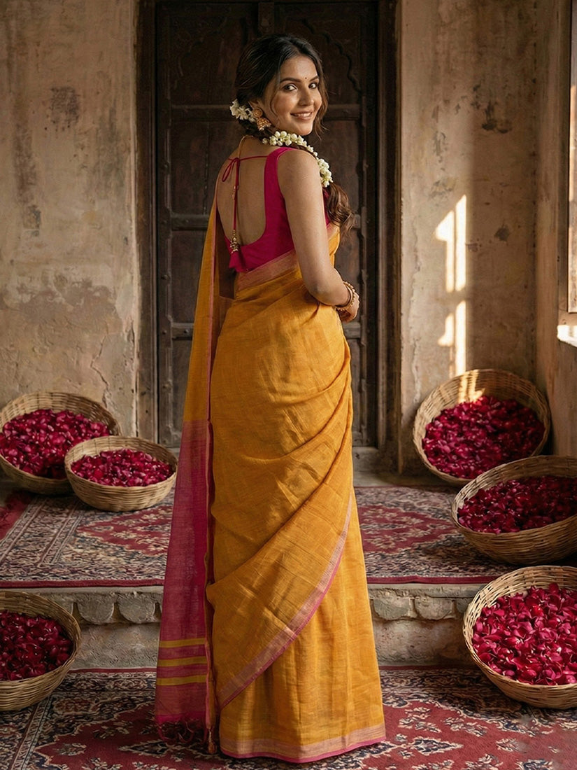 Monjolika Fashion Orange Cotton Silk Blend Saree with Contrasting Border | Grocsy