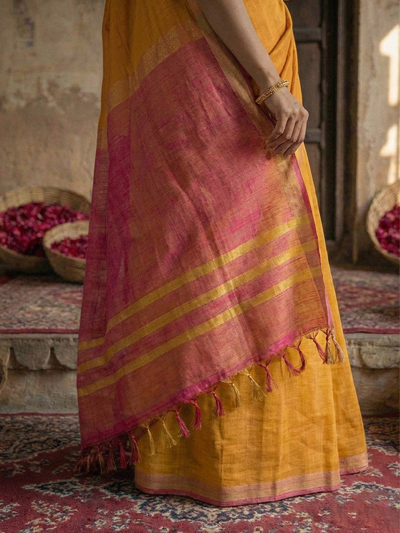 Monjolika Fashion Orange Cotton Silk Blend Saree with Contrasting Border | Grocsy