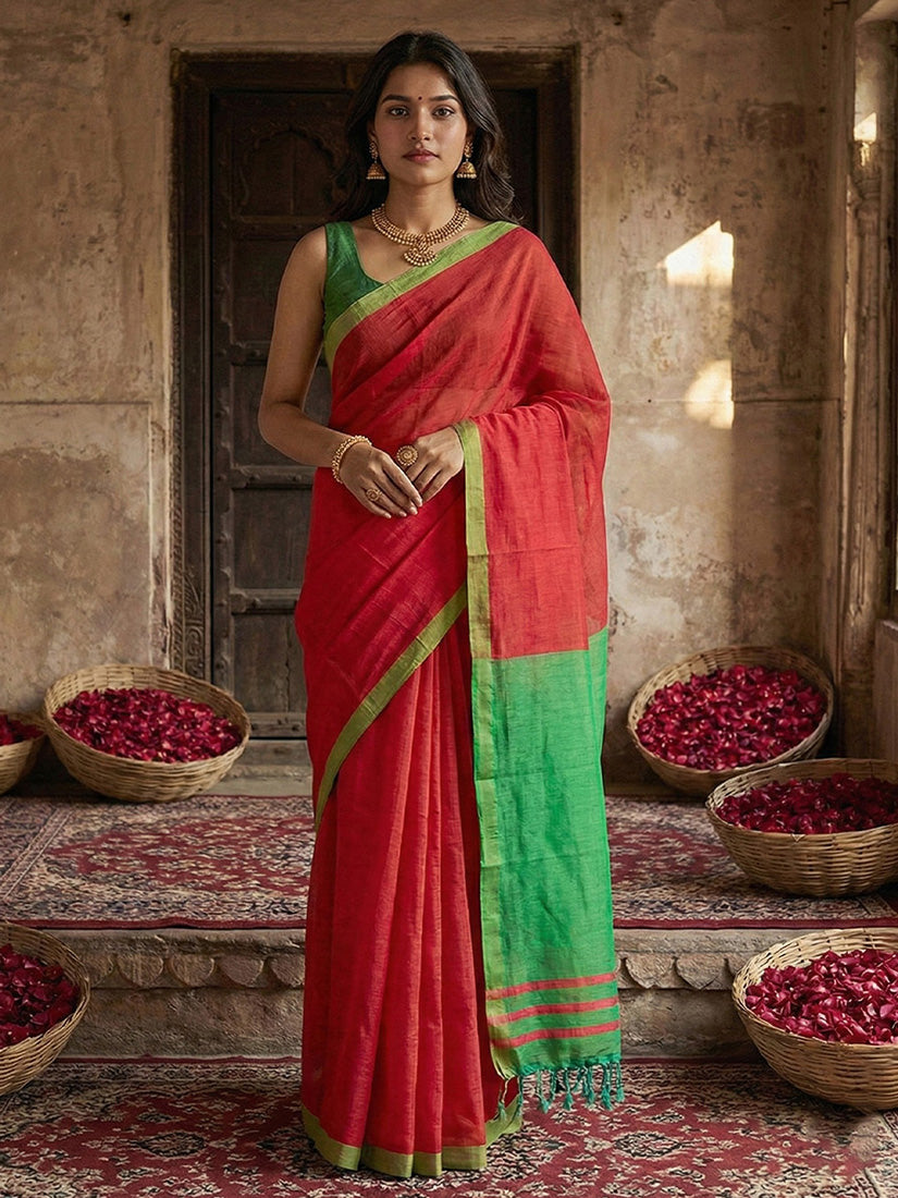 Monjolika Fashion Red Cotton Silk Blend Saree with Contrasting Border | Grocsy