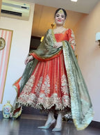 Yash Enterprise Orange Fandy Silk Party Wear Embroidery Suit Set | Grocsy