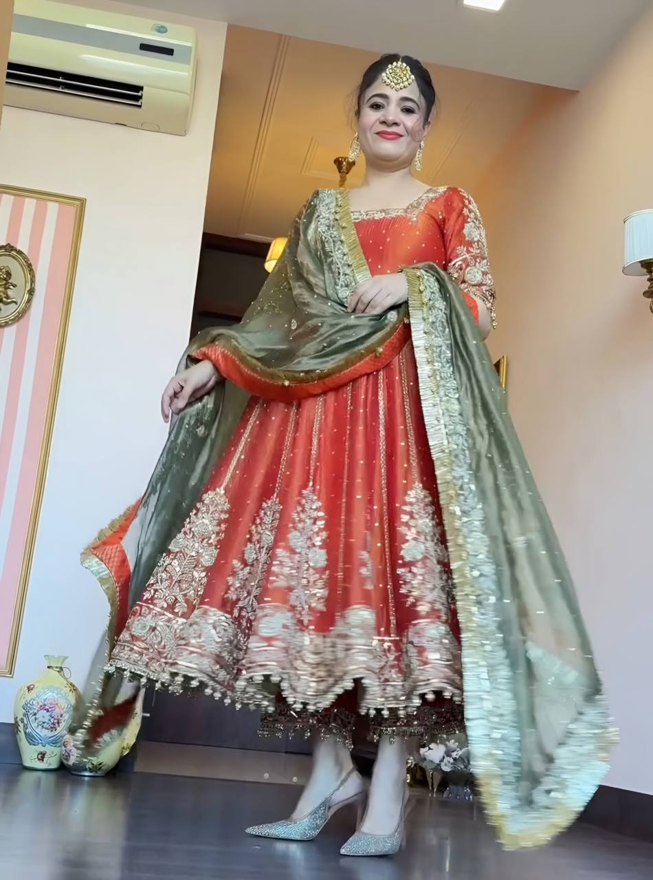 Yash Enterprise Orange Fandy Silk Party Wear Embroidery Suit Set | Grocsy
