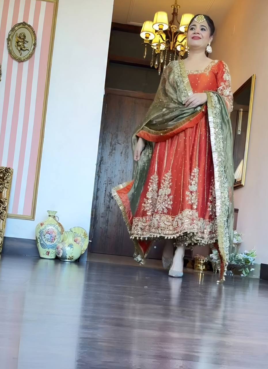 Yash Enterprise Orange Fandy Silk Party Wear Embroidery Suit Set | Grocsy