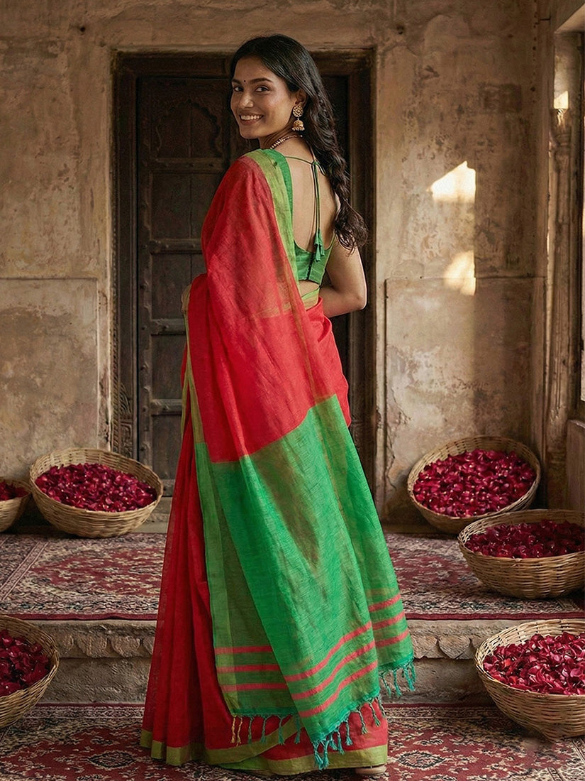 Monjolika Fashion Red Cotton Silk Blend Saree with Contrasting Border | Grocsy