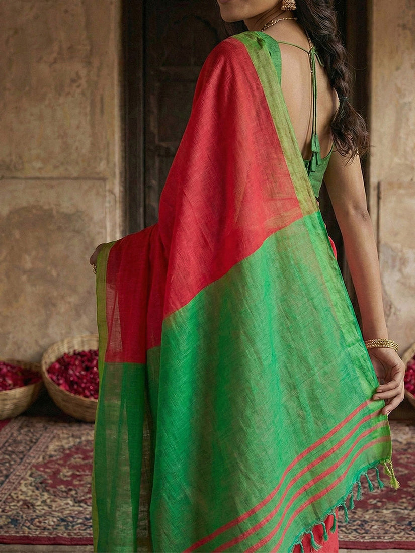 Monjolika Fashion Red Cotton Silk Blend Saree with Contrasting Border | Grocsy