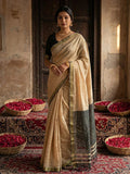 Monjolika Fashion Beige Cotton Silk Blend Saree with Contrasting Border | Grocsy