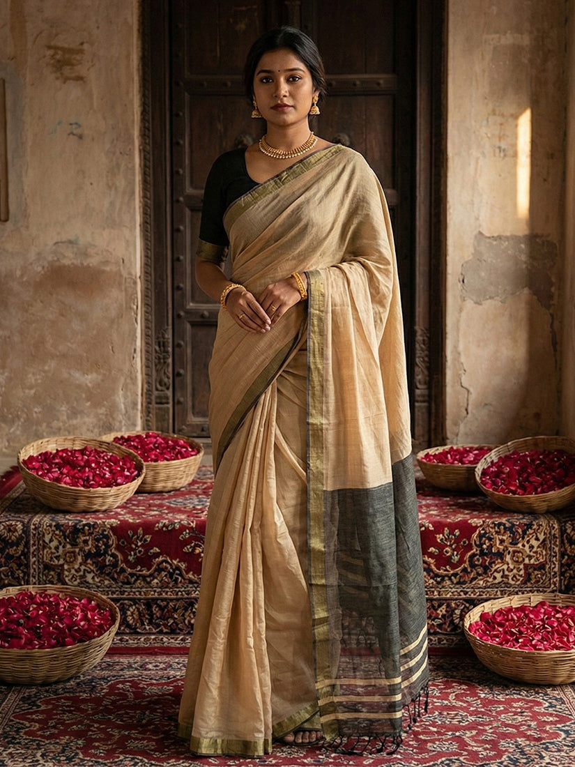 Monjolika Fashion Beige Cotton Silk Blend Saree with Contrasting Border | Grocsy