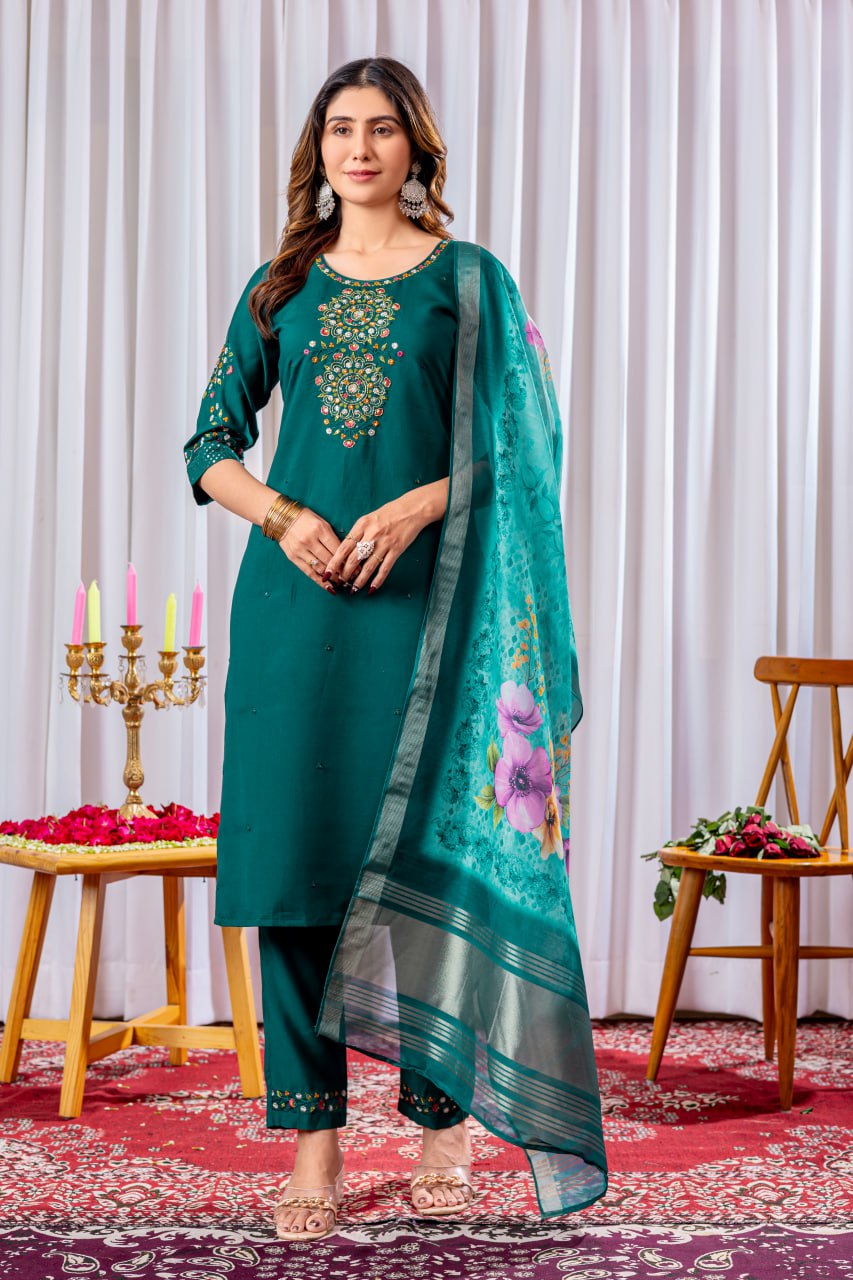 Pramukh Fab Teal Green Color Viscose Silk Kurta Set | Grocsy