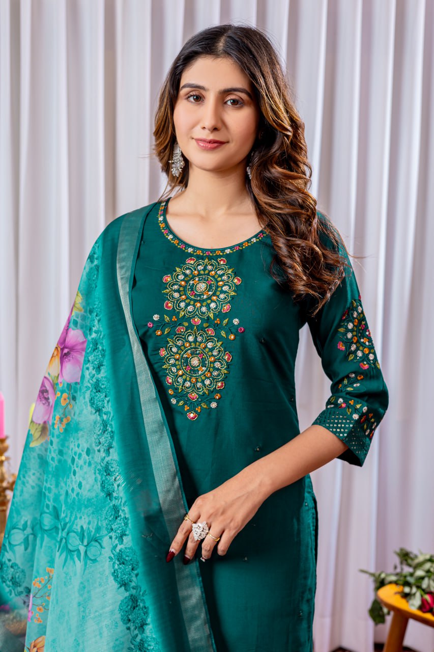 Pramukh Fab Teal Green Color Viscose Silk Kurta Set | Grocsy