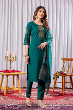 Pramukh Fab Teal Green Color Viscose Silk Kurta Set | Grocsy
