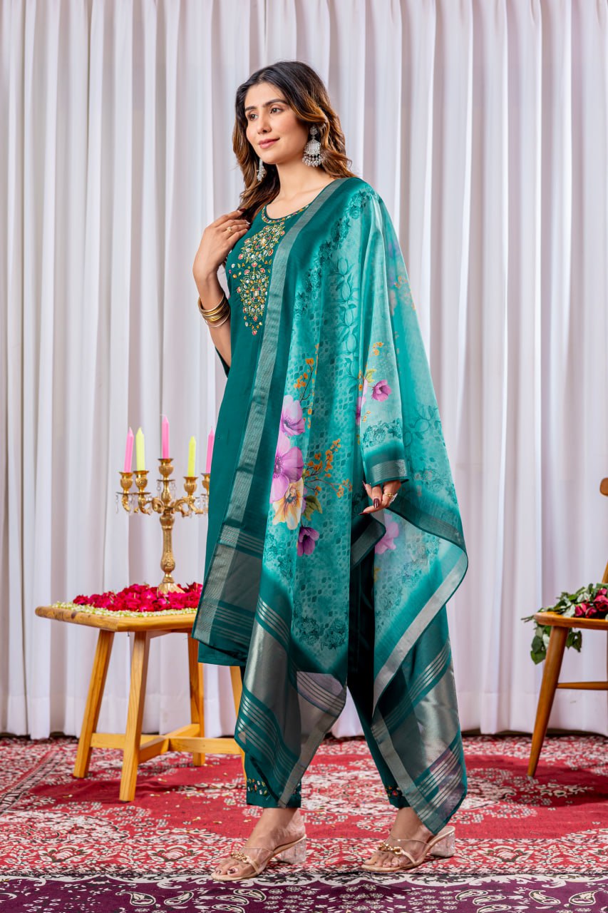 Pramukh Fab Teal Green Color Viscose Silk Kurta Set | Grocsy