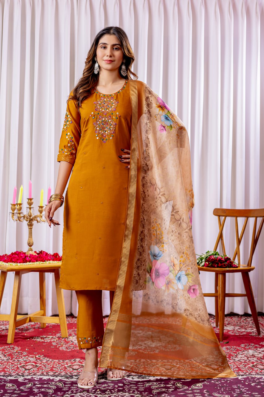 Pramukh Fab Mustard Color Viscose Silk Kurta Set | Grocsy