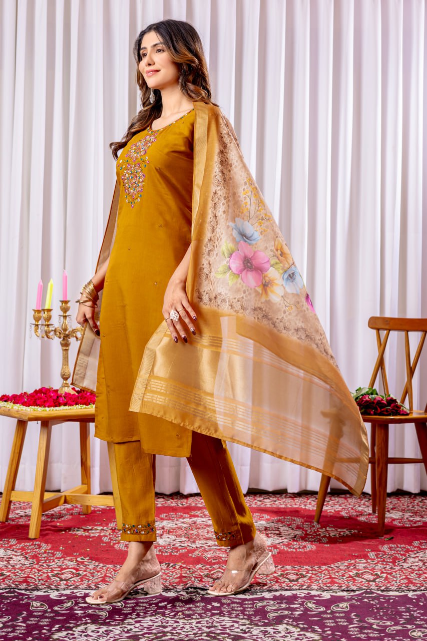 Pramukh Fab Mustard Color Viscose Silk Kurta Set | Grocsy