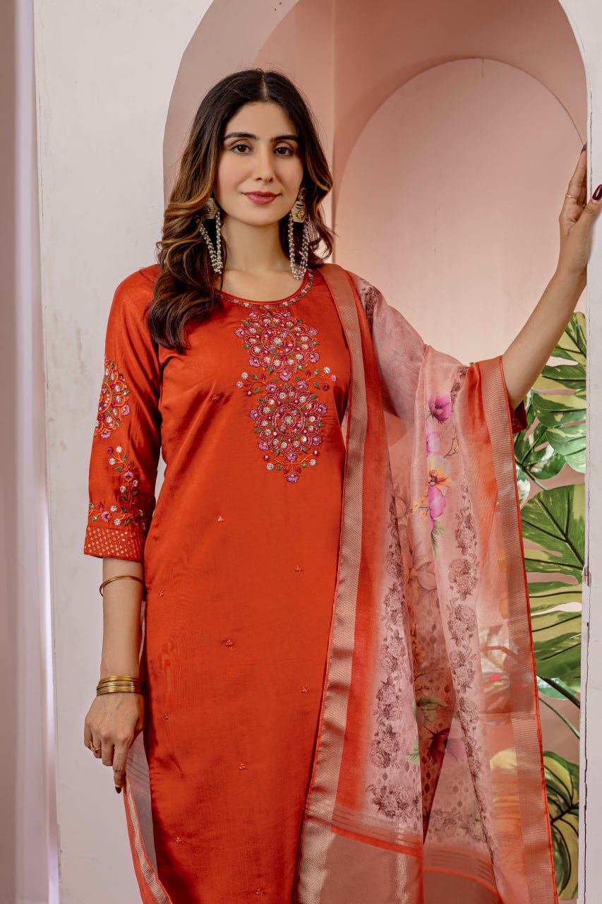 Pramukh Fab Orange Color Viscose Silk Kurta Set | Grocsy