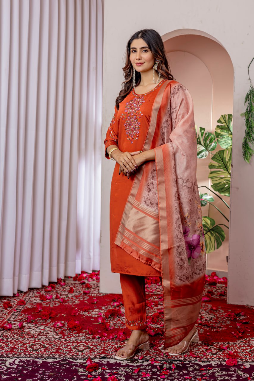 Pramukh Fab Orange Color Viscose Silk Kurta Set | Grocsy