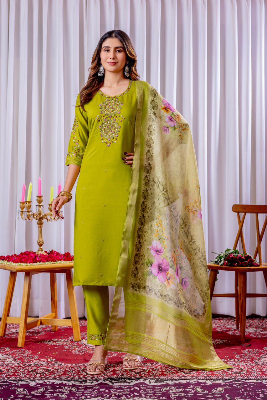 Pramukh Fab Lime Green Color Viscose Silk Kurta Set | Grocsy