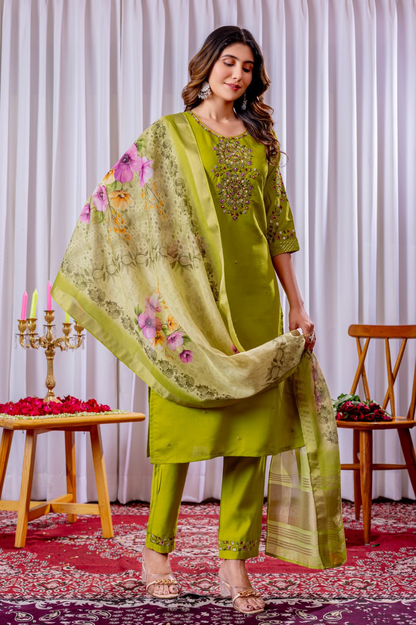 Pramukh Fab Lime Green Color Viscose Silk Kurta Set | Grocsy