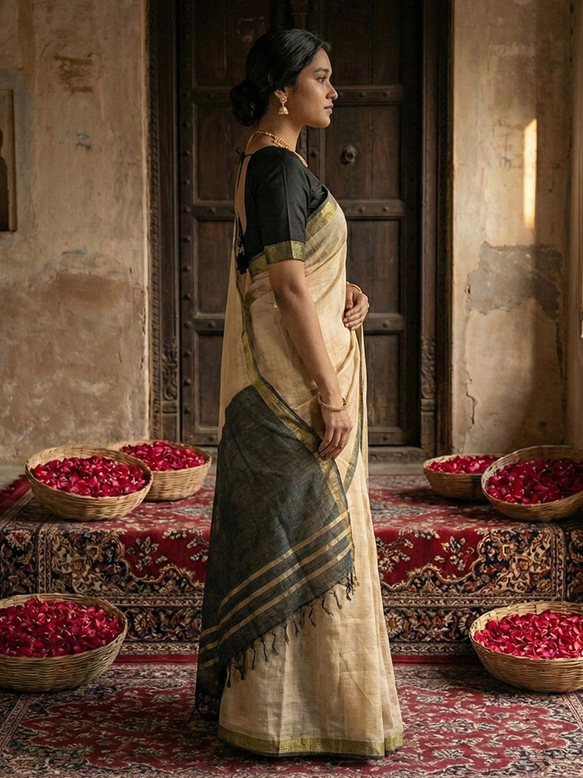 Monjolika Fashion Beige Cotton Silk Blend Saree with Contrasting Border | Grocsy