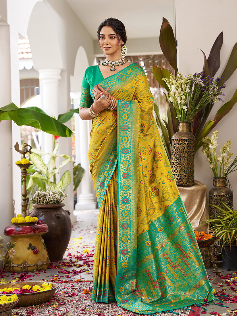 Monjolika Fashion Mustard Soft Banarasi Silk Blend Saree with Contrast Blouse Piece | Grocsy