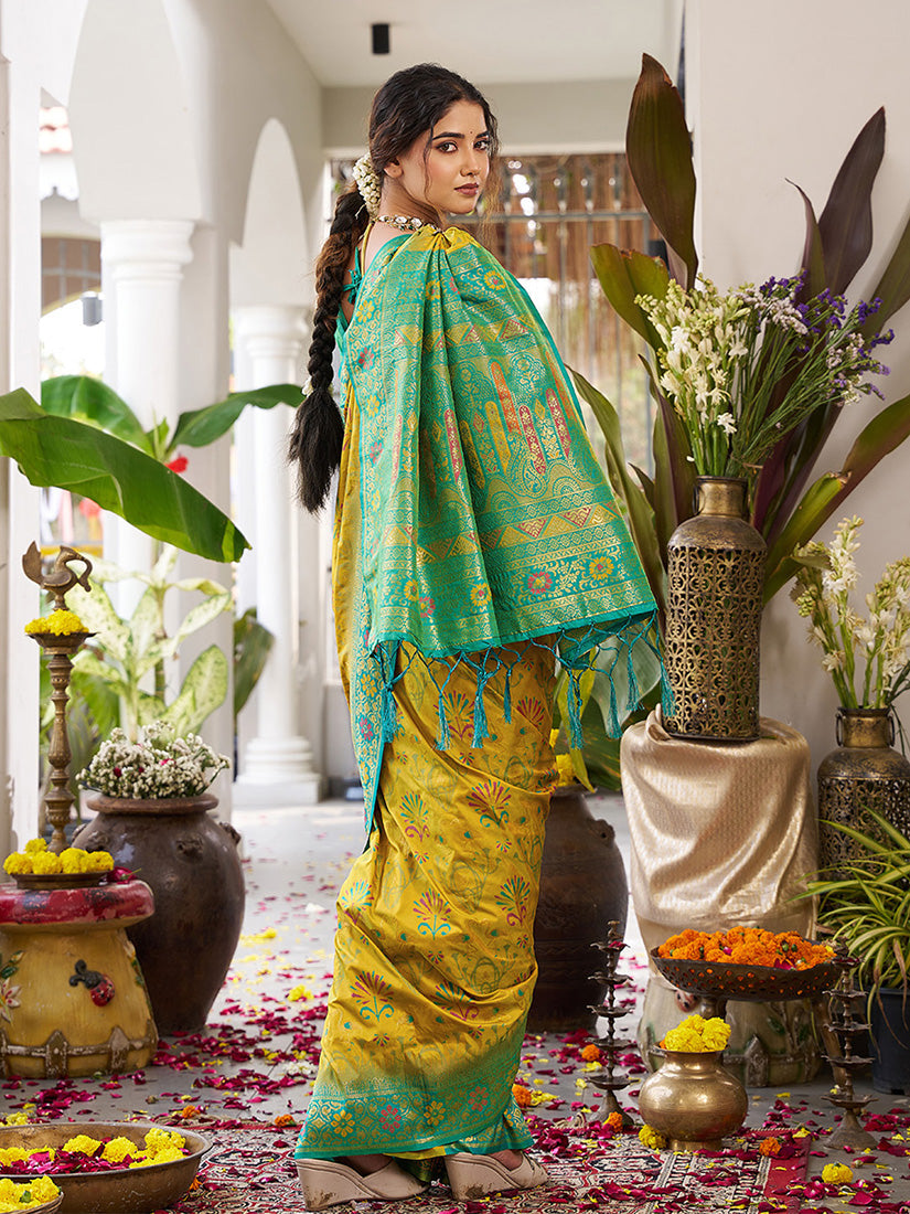 Monjolika Fashion Mustard Soft Banarasi Silk Blend Saree with Contrast Blouse Piece | Grocsy