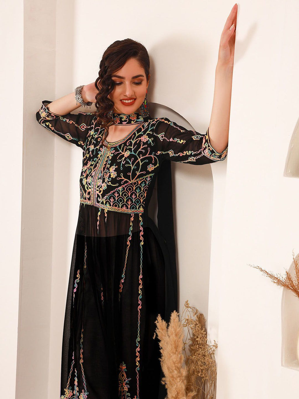 Sangria Black Ethnic Motifs Embroidered Round Neck Georgette Straight Kurta With Dupatta | Grocsy
