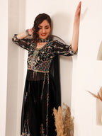 Sangria Black Ethnic Motifs Embroidered Round Neck Georgette Straight Kurta With Dupatta | Grocsy