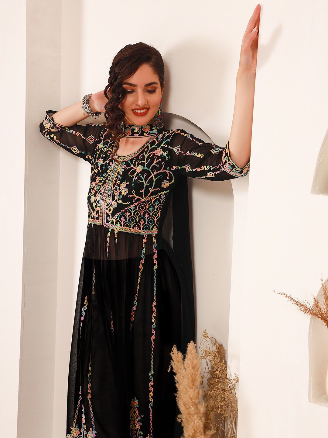 Sangria Black Ethnic Motifs Embroidered Round Neck Georgette Straight Kurta With Dupatta | Grocsy