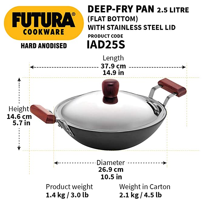 Hawkins Futura 2.5 Litre Deep Fry Pan, Hard Anodised Kadai with Stainless Steel Lid | Grocsy