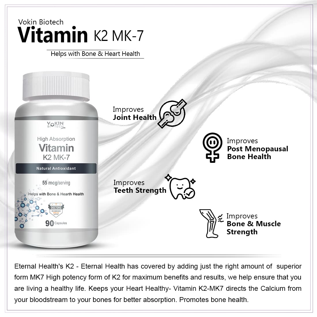 Vokin Biotech Vitamin K2 MK-7- Support Bone & Heart Health - 55mc Capsules | Grocsy