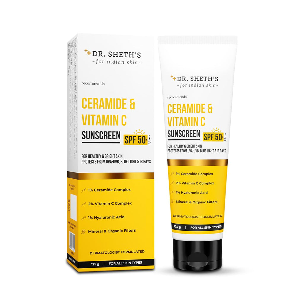 Dr. Sheth's Ceramide & Vitamin C Sunscreen SPF 50+ PA+++ UVA UVB Sun Protection, For All Skin Types | Grocsy