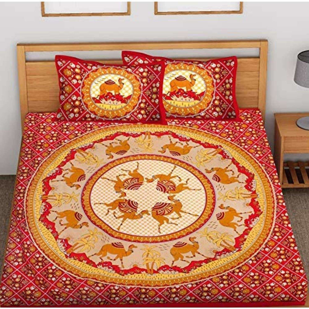 Printed Cotton King Size for Double Bedsheet with 2 Pillow Covers Red Color | Grocsy
