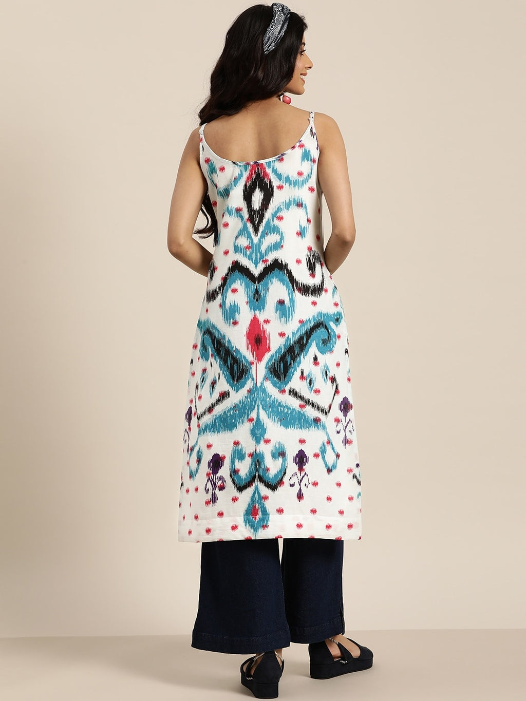 Sangria Women White & Blue Pure Cotton Ethnic Motifs Printed Straight Kurta | Grocsy
