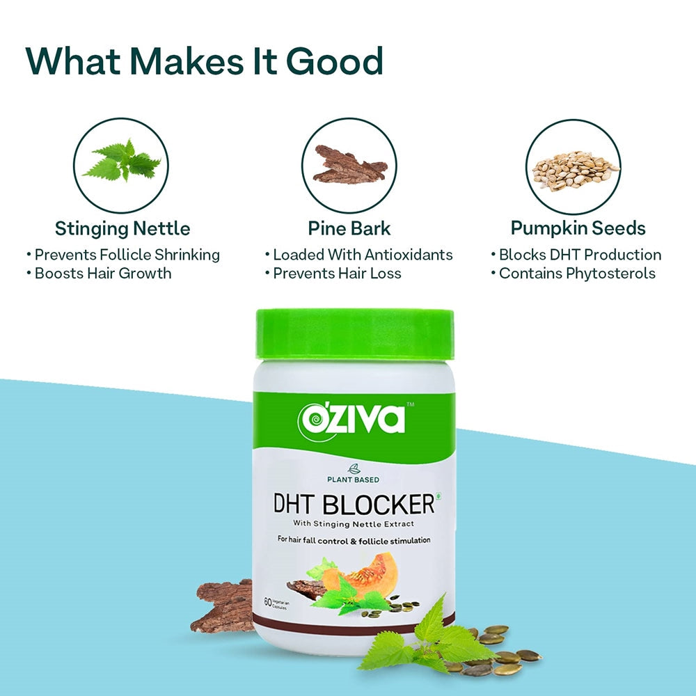 OZiva Plant Based DHT Blocker For Hair Fall Control With Stinging Nettle Extract | Grocsy