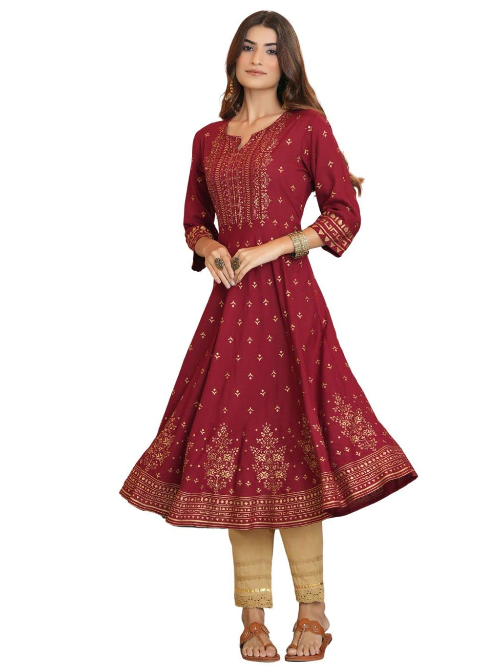 Juniper Women's Maroon Ethnic Motif Printed Rayon Kurta With Sequins | Grocsy
