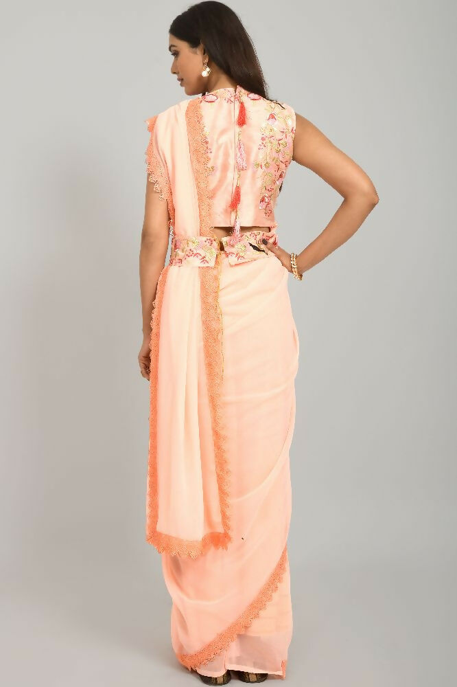 PR Fashion Peach Georgette Gpo Lace Saree | Grocsy