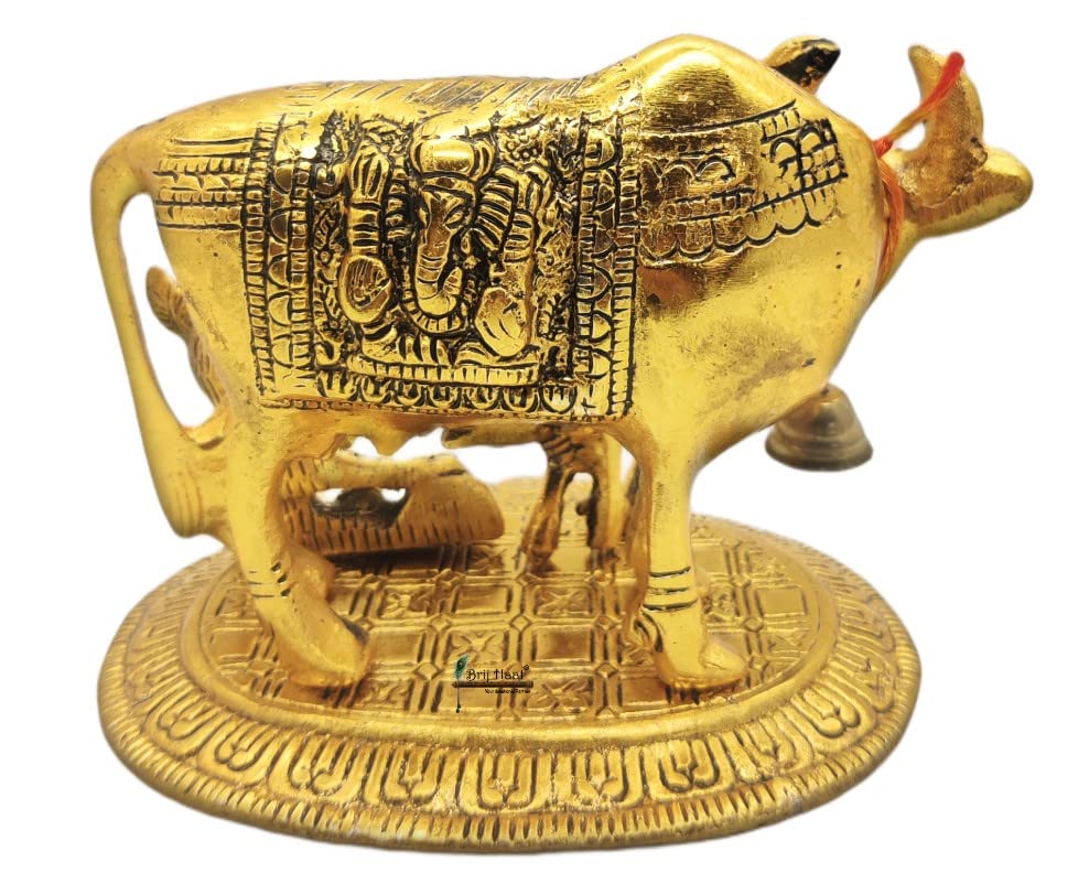 BRIJ HAAT Kamdhenu Cow and Calf Metal Showpiece for Home Decoration and Decorative Gift Item @17cm Gold | Grocsy