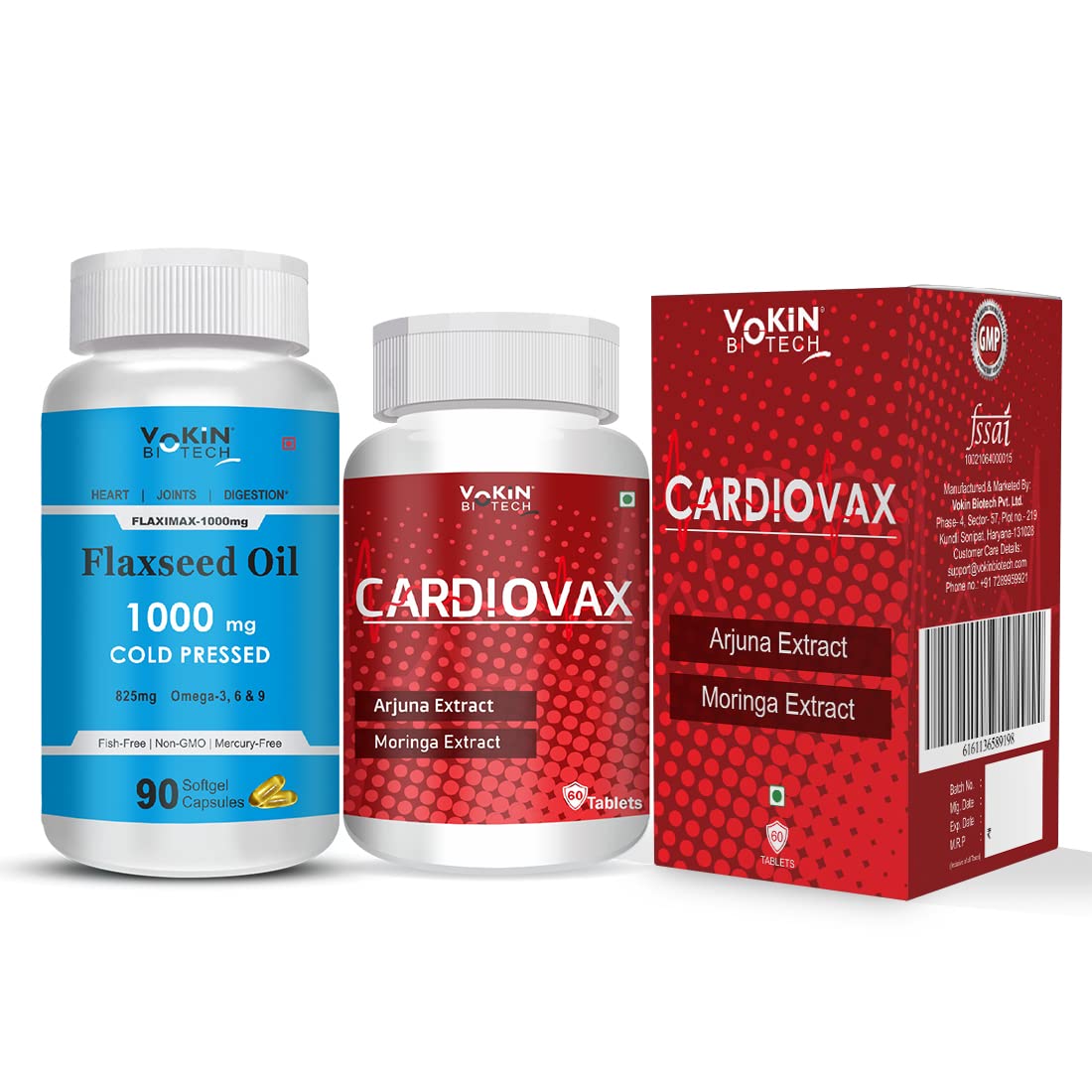 Vokin Biotech Natural Cardiovax with Arjuna Extract & Moringa Extract (60 Tablets) With Cold Pressed Flaxseed Oil | Omega 3 6 9 | Grocsy