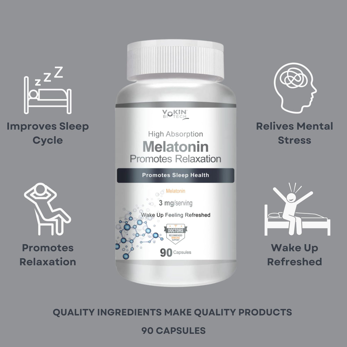 Vokin Biotech Melatonin 3mg Healthy Sleep Cycle | Helps Stress & Anxiety Relief | Improve Concentration | Grocsy