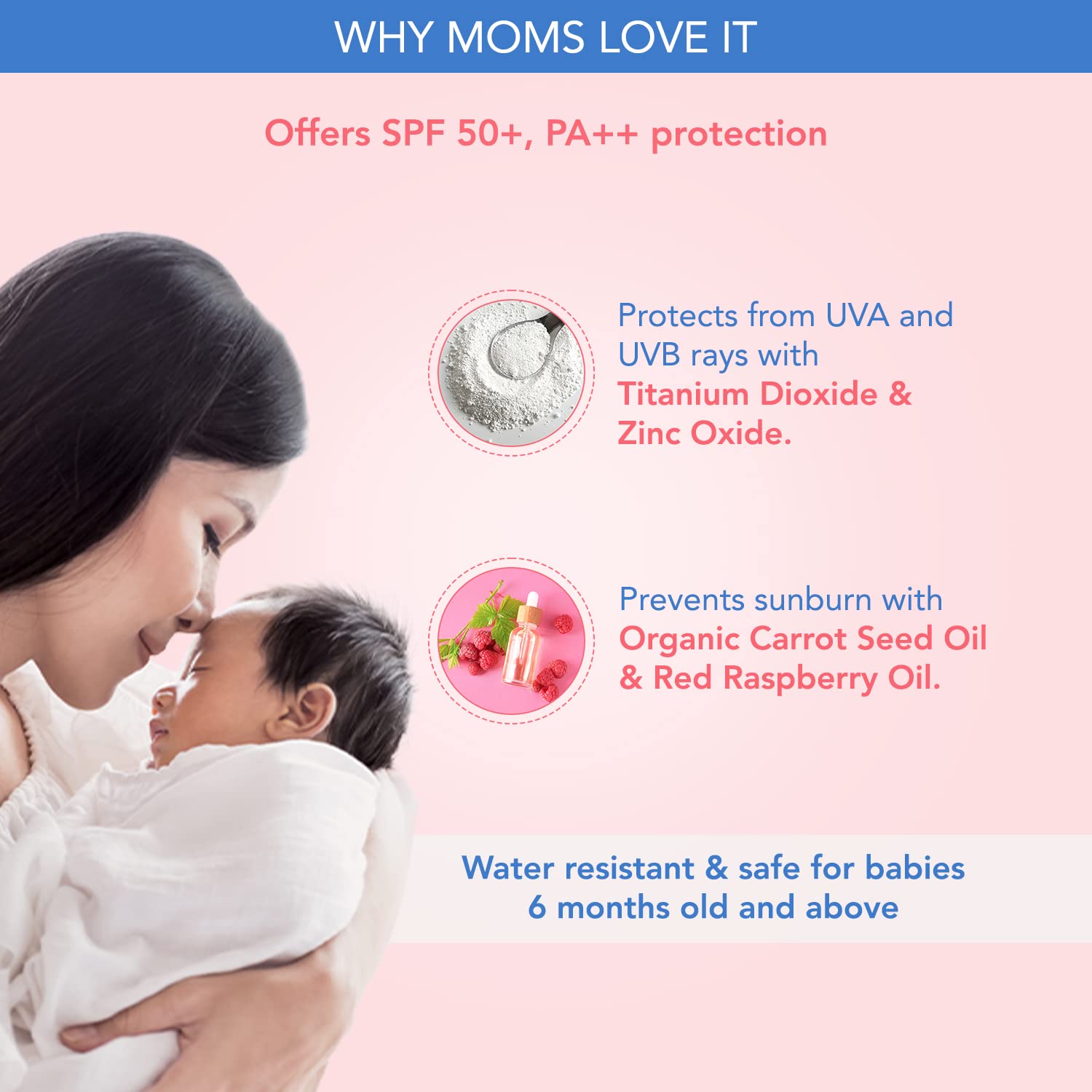 The Moms Co Waterproof SPF 50+ Natural Mineral Based Baby Sunscreen For UV-A & UV-B Protection | Grocsy