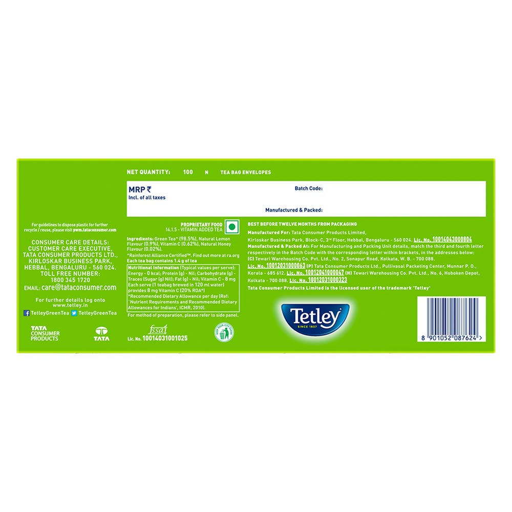 Tetley Green Tea Lemon and Honey (100 Tea Bags) | Grocsy
